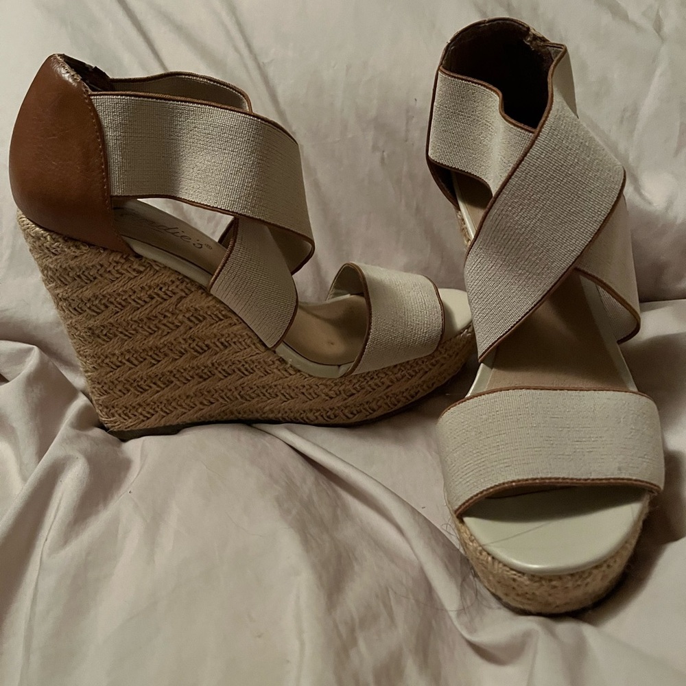 Candie’s Cream and Brown Wedge Sandals